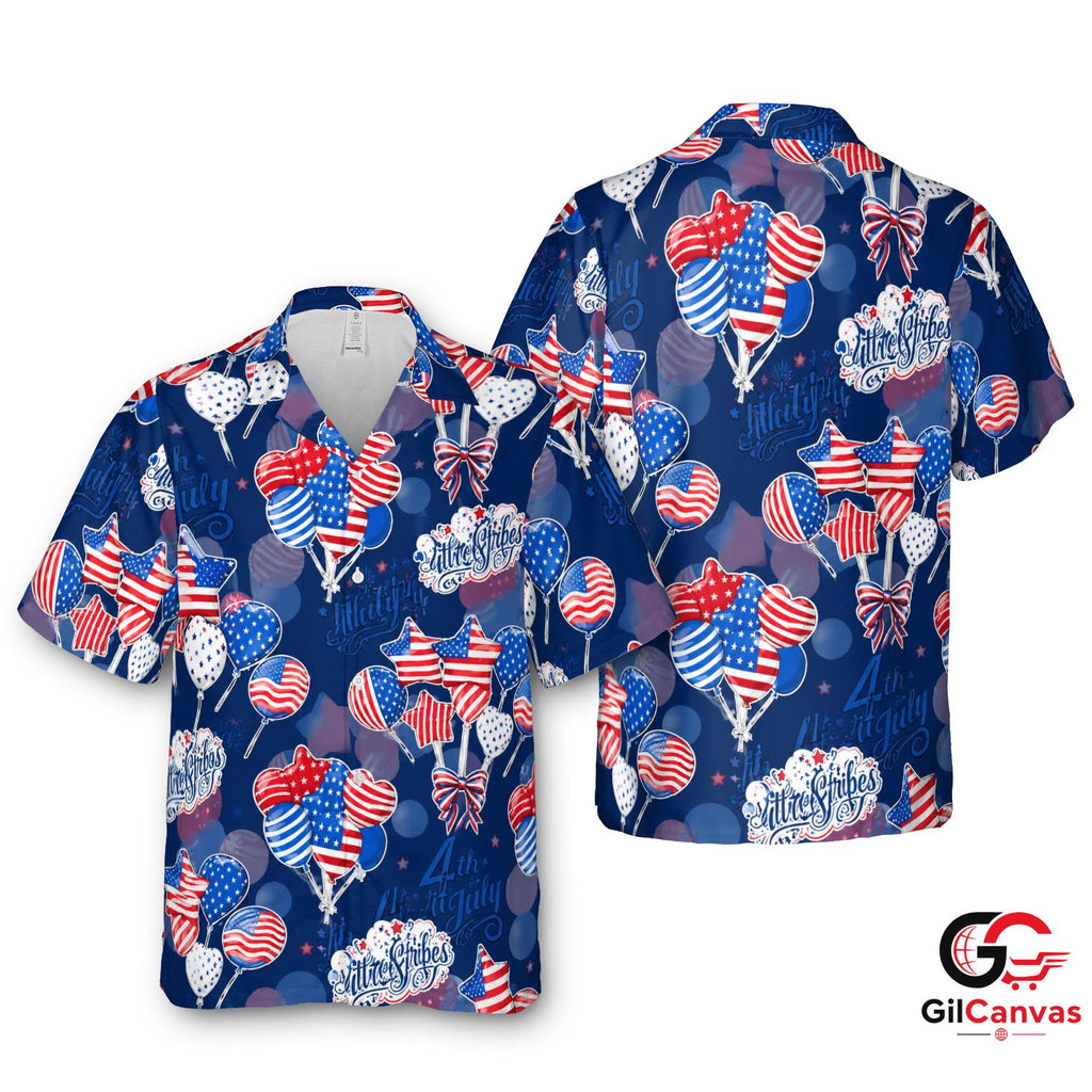 4th Of July Tee Hawaiian Shirt With Balloons Men Fun Patriotic Summer Wear