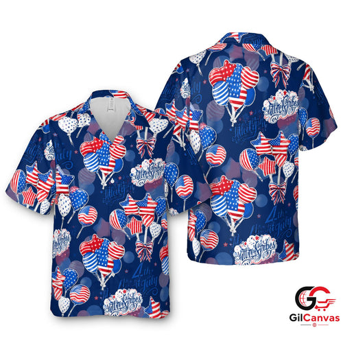 4th Of July Tee Hawaiian Shirt With Balloons Men Fun Patriotic Summer Wear