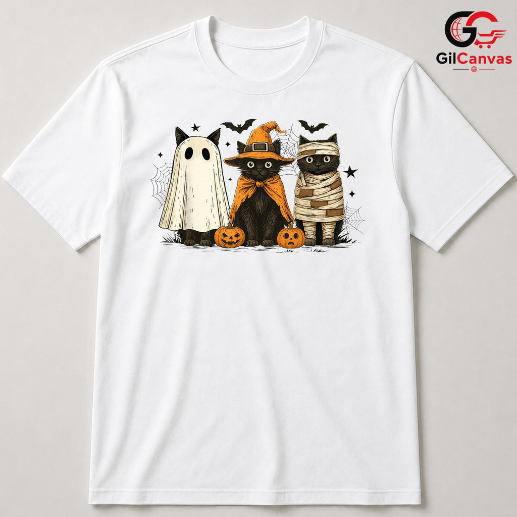 Adorable Black Cat Trio Tee Shirt Unisex Spooky Ghost Mummy Costume For Kids