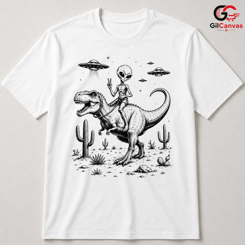 Alien Riding Dinosaur T-Shirt SciFi Desert UFO Unisex Peace Sign Graphic Tee