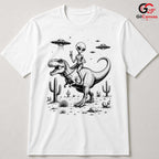 Alien Riding Dinosaur T-Shirt SciFi Desert UFO Unisex Peace Sign Graphic Tee