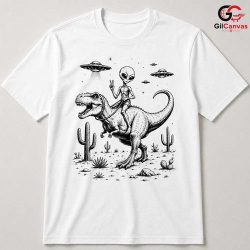Alien Riding Dinosaur T-Shirt SciFi Desert UFO Unisex Peace Sign Graphic Tee