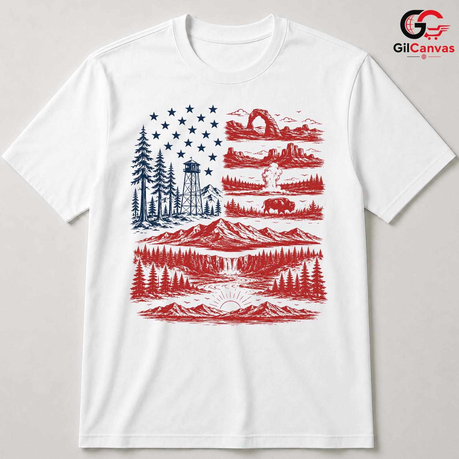 American Flag Nature Park T-Shirt Patriotic Wilderness Unisex Graphic Apparel Tee