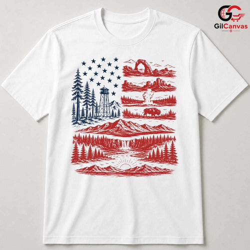 American Flag Nature Park T-Shirt Patriotic Wilderness Unisex Graphic Apparel Tee