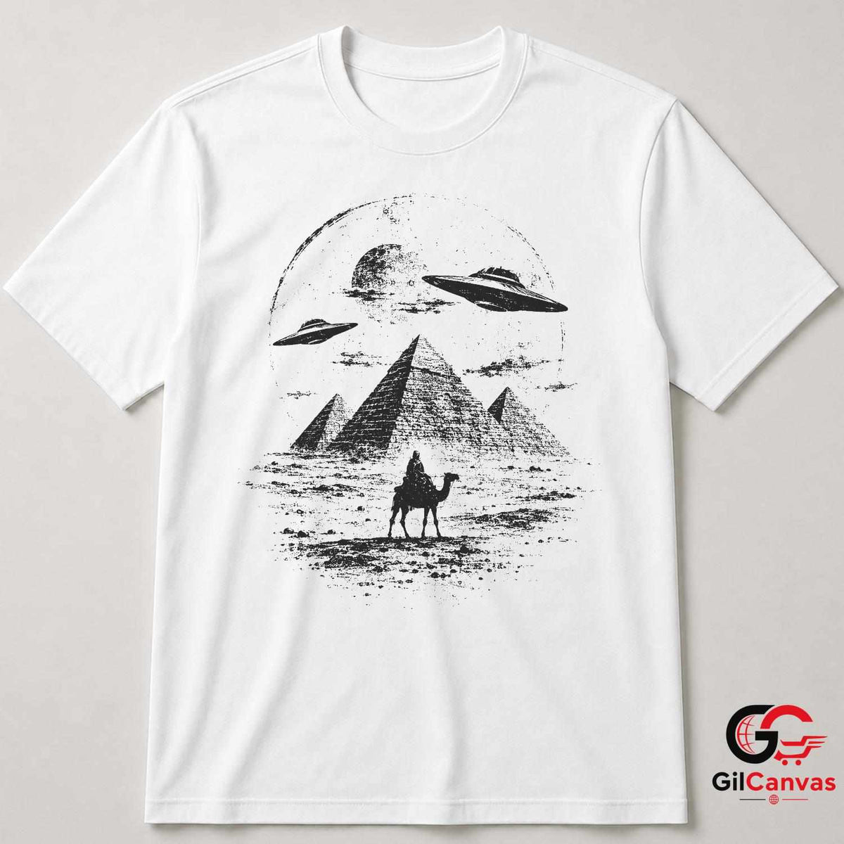 Ancient Alien Pyramid UFO T-Shirt Desert Camel Sci Fi Unisex Graphic Apparel Tee