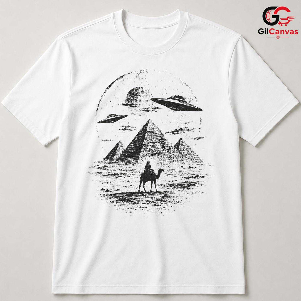 Ancient Alien Pyramid UFO T-Shirt Desert Camel Sci Fi Unisex Graphic Apparel Tee