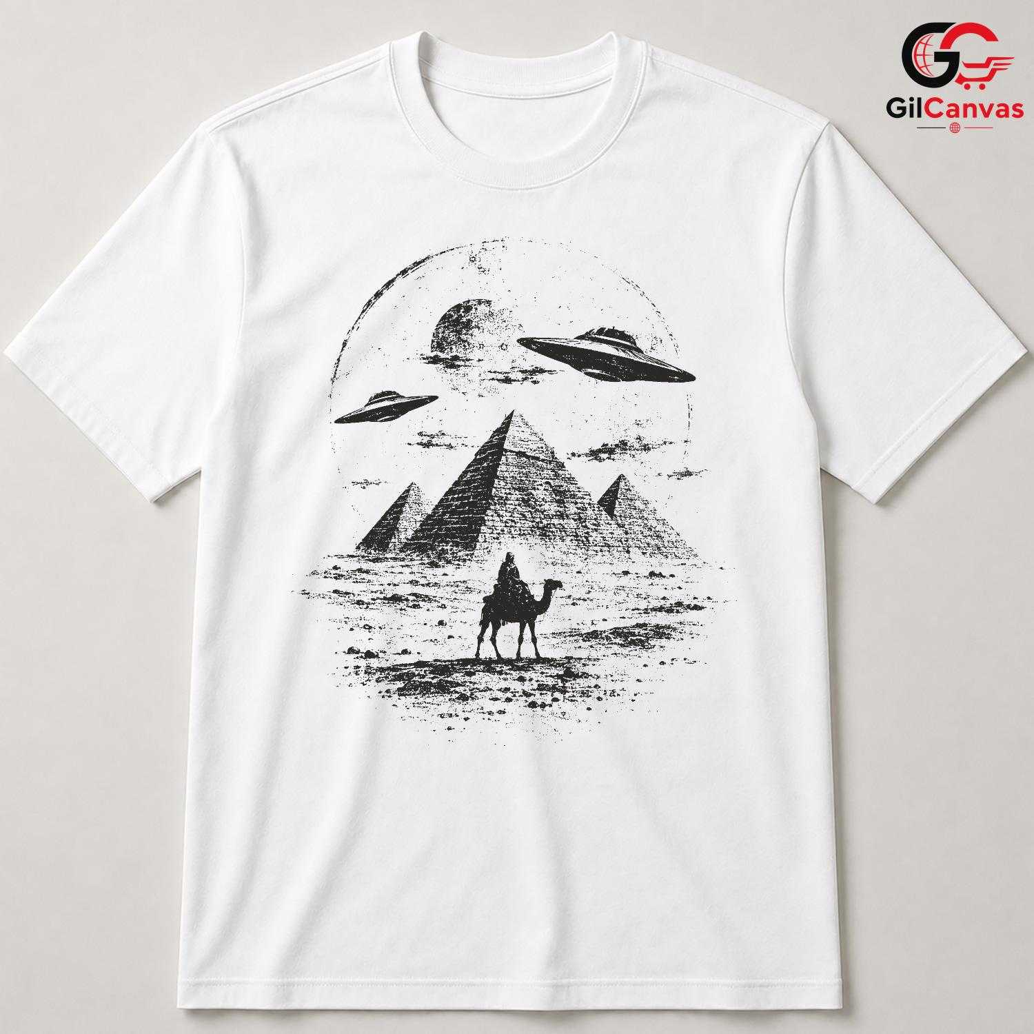 Ancient Alien Pyramid UFO T-Shirt Desert Camel Sci Fi Unisex Graphic Apparel Tee