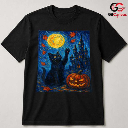Artistic Starry Haunted Cat T-Shirt Unisex Spooky Full Moon Gift For Kids