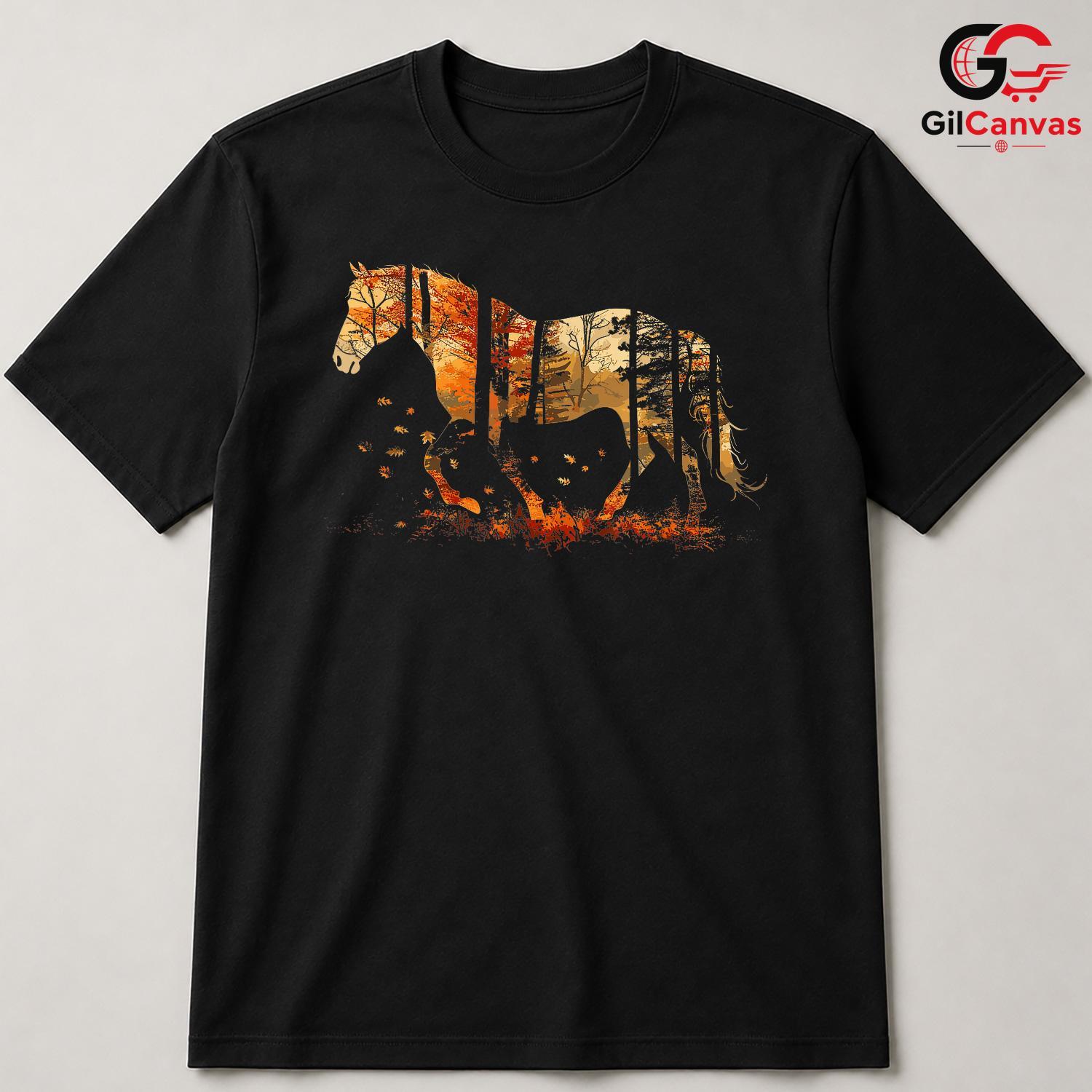 Autumn Forest Horse T-Shirt Unisex Silhouette Nature Equestrian Lover Gift