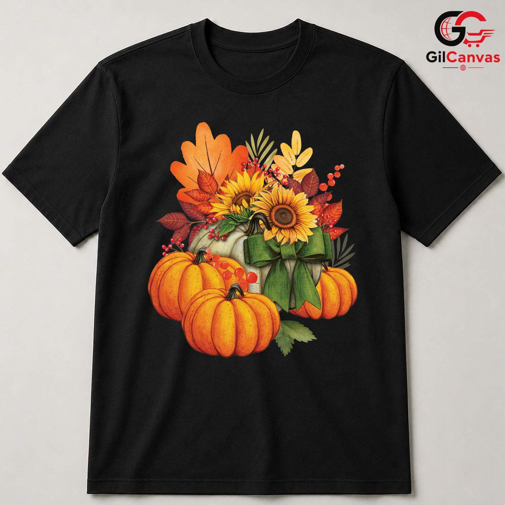 Autumn Harvest Sunflower T-Shirt Unisex Thanksgiving Fall Leaves Women Gift