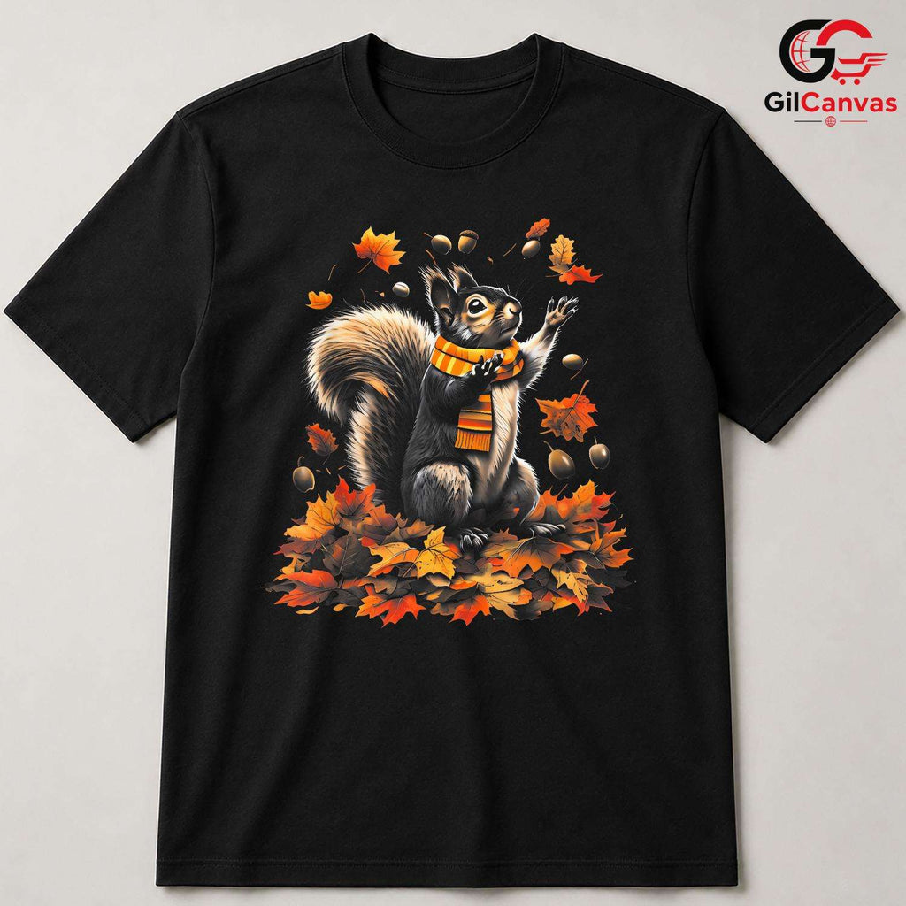 Autumn Squirrel Falling Leaf T-Shirt Unisex Cute Nature Animal Lover Fall Gift