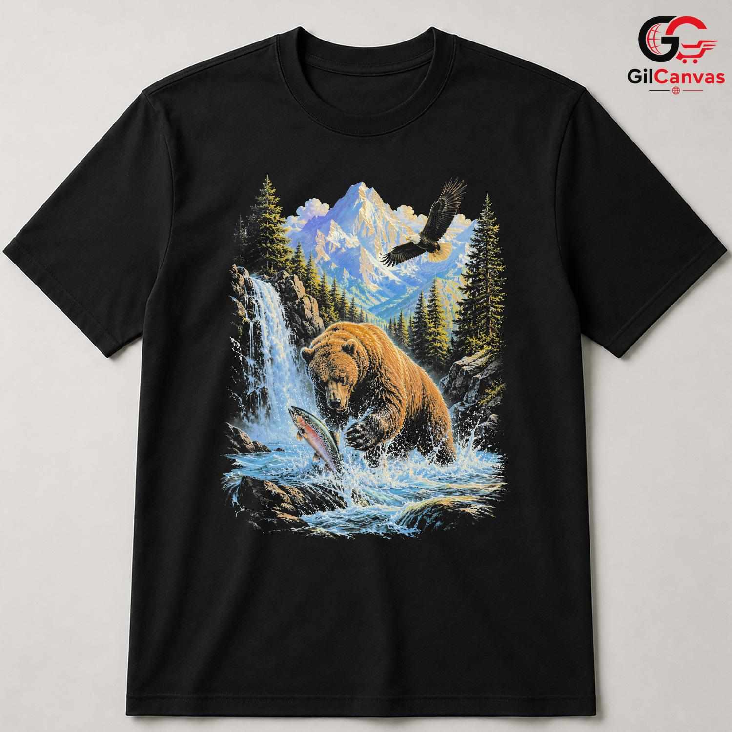 Bear Fishing Wildlife T-Shirt Nature Lover Outdoor Adventure Unisex Apparel