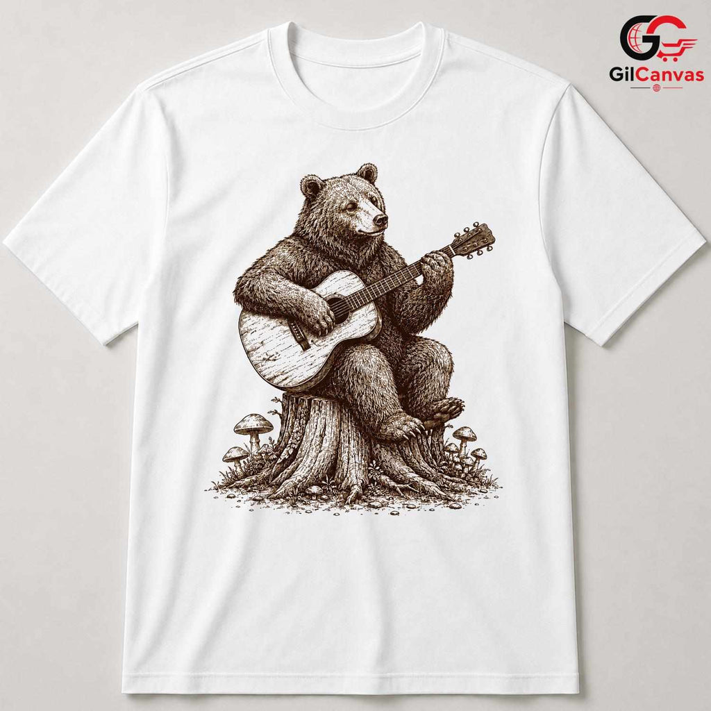 Bear Playing Guitar T-Shirt Forest Animal Acoustic Music Unisex Nature Gift Tee