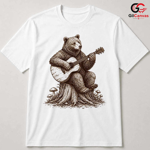 Bear Playing Guitar T-Shirt Forest Animal Acoustic Music Unisex Nature Gift Tee