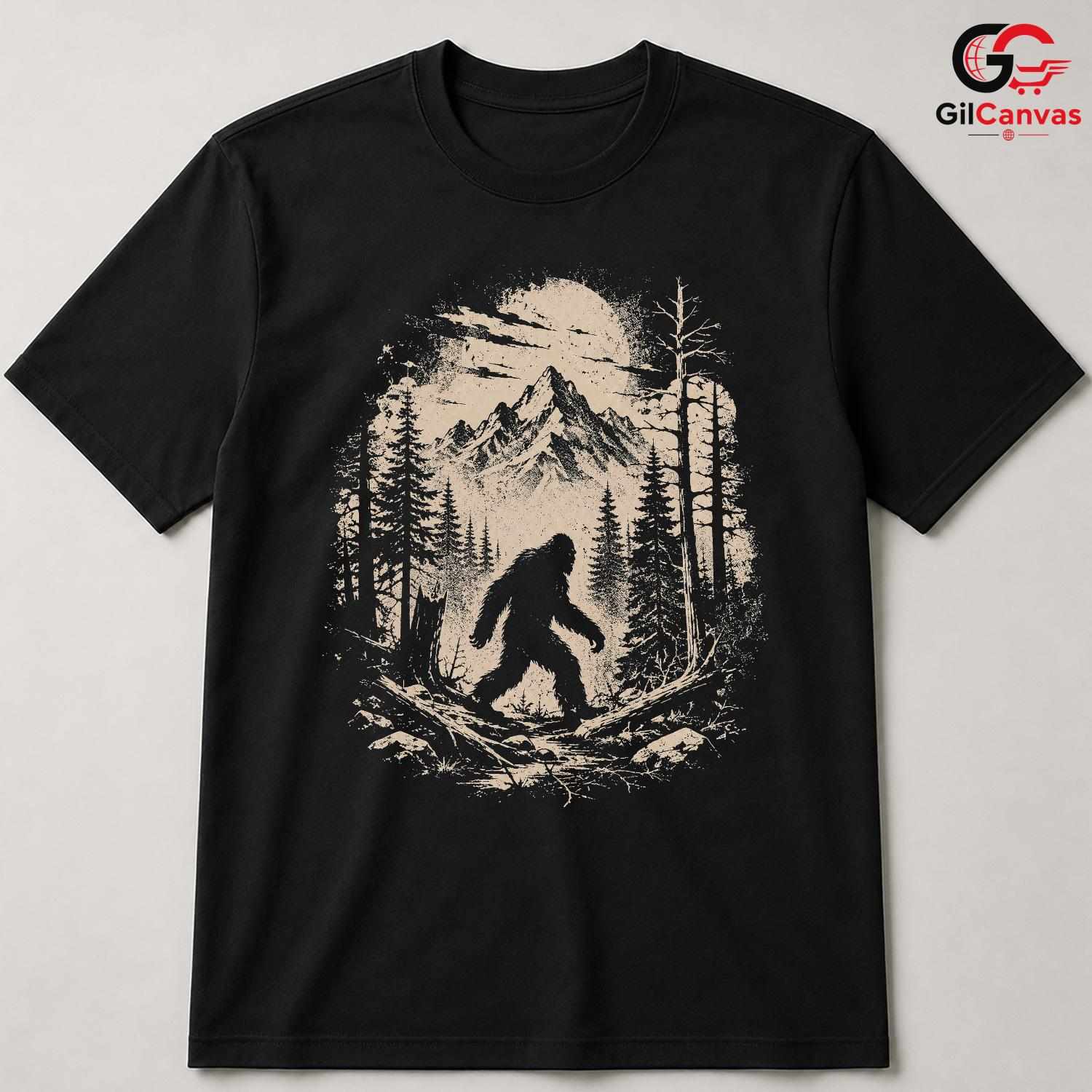Bigfoot Forest Moon T-Shirt Wilderness Halloween Unisex Mountain Graphic Tee