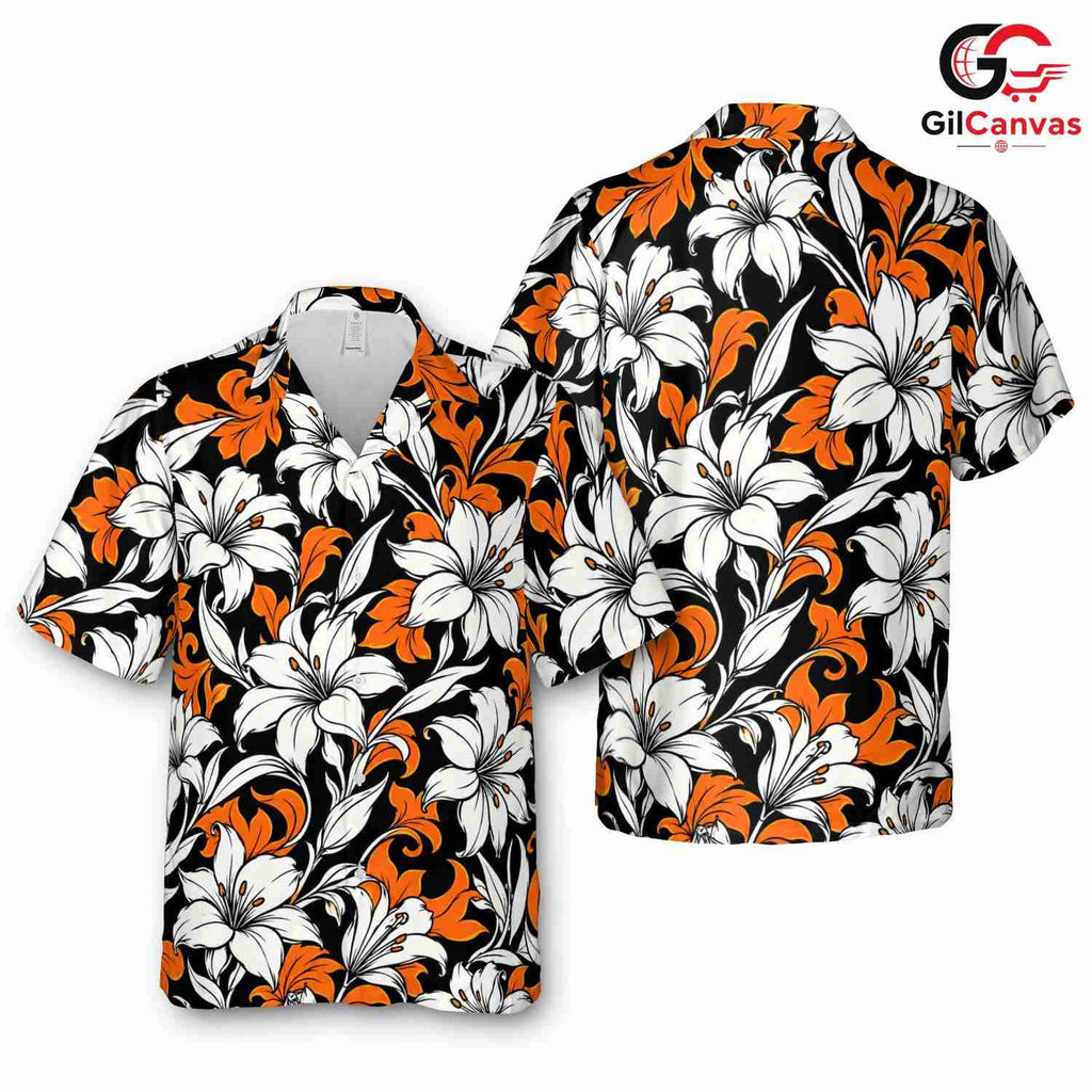 Black Orange Lily Tropical Shirt, Unisex Beach Vacation Wear Summer Holiday