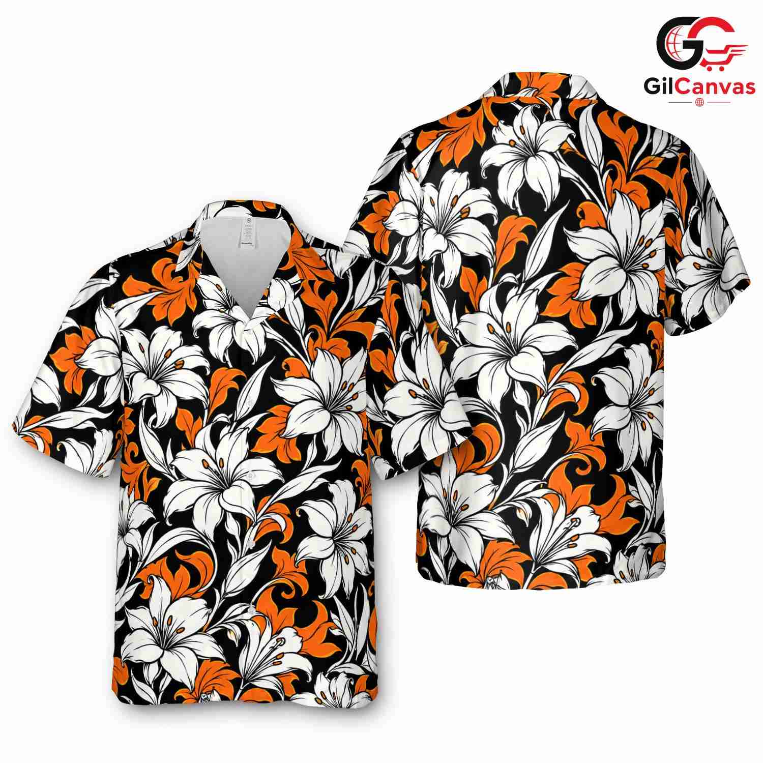 Black Orange Lily Tropical Shirt, Unisex Beach Vacation Wear Summer Holiday