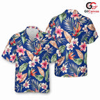 Blue Floral Palm Leaf Aloha Shirt, Casual Unisex Wear For Summer Vacations
