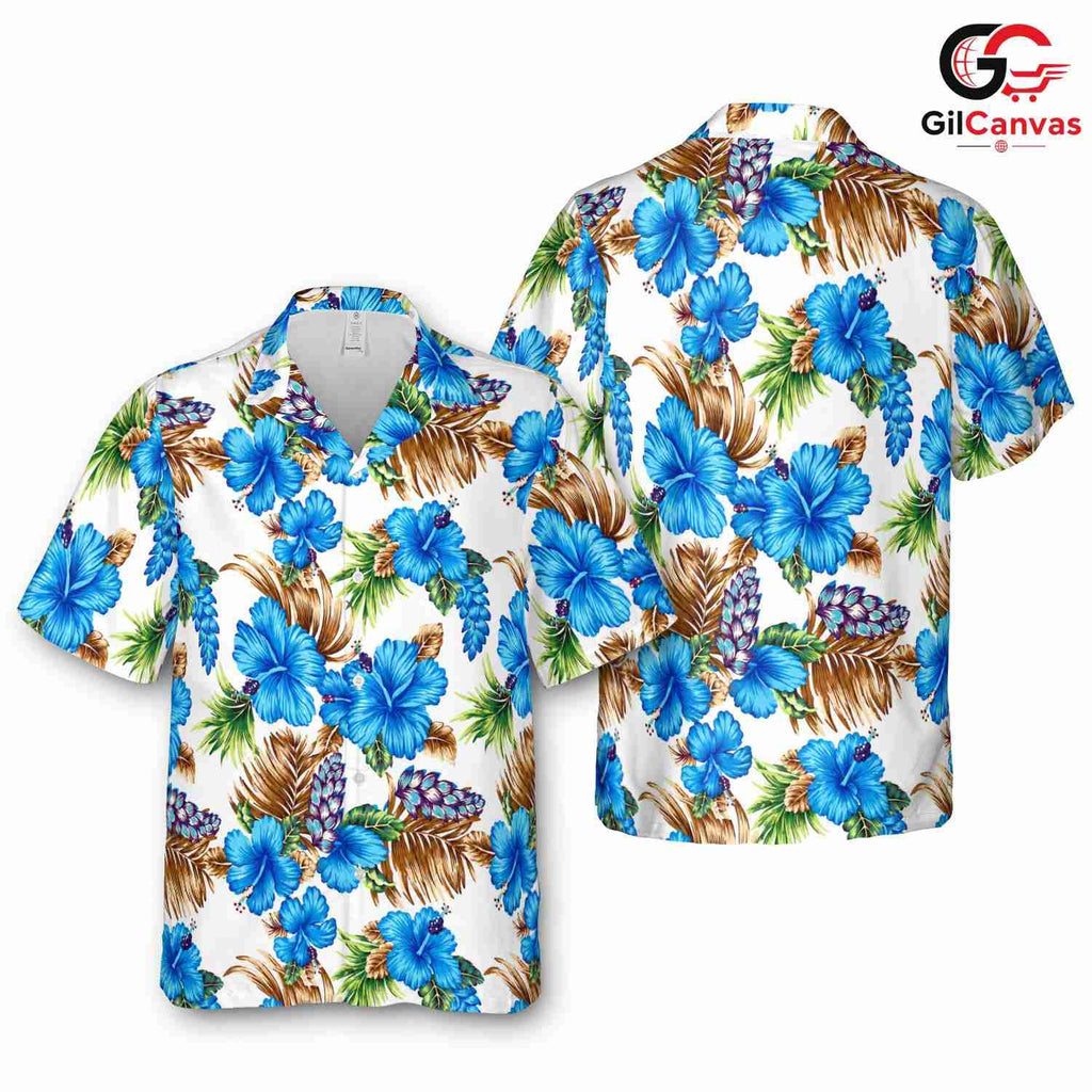 Blue Floral Tropical Palm Tee, Premium Mens Aloha Style Beachwear Summer Holiday