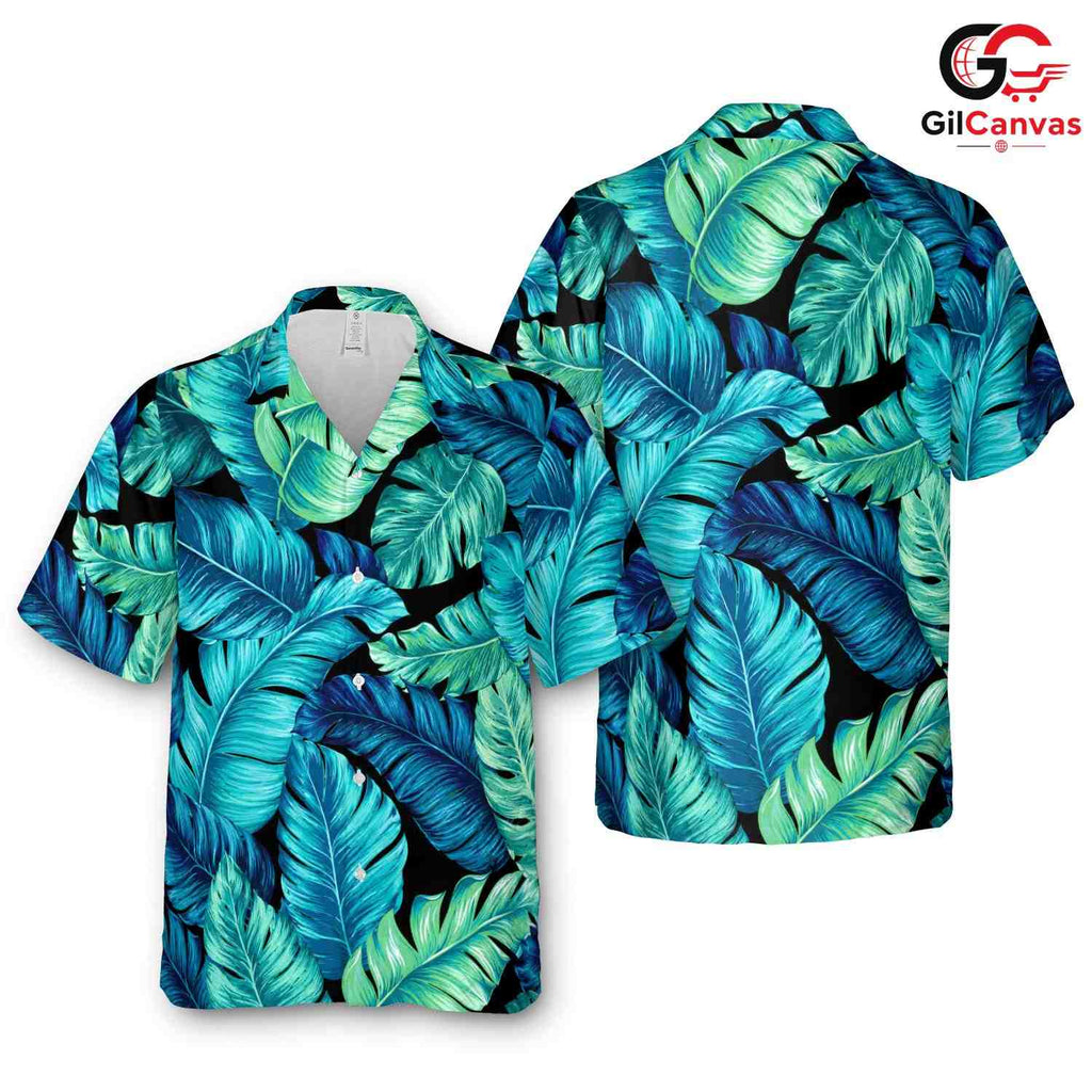 Blue Green Palm Leaf Aloha Shirt, Premium Mens Beach Resort Wear Summer Vacation