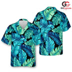 Blue Green Palm Leaf Aloha Shirt, Premium Mens Beach Resort Wear Summer Vacation