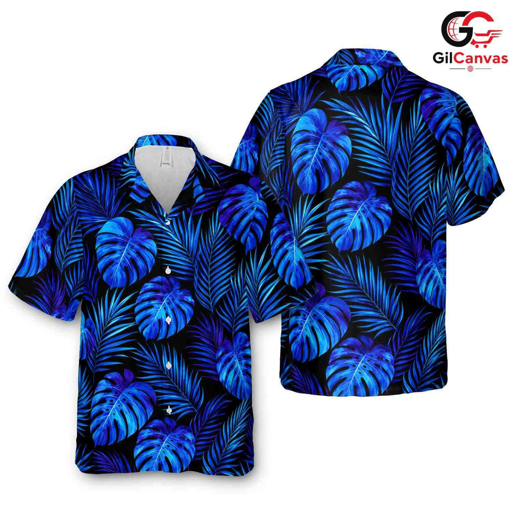 Blue Monstera Palm Leaf Shirt, Vibrant Unisex Resort Wear Summer Vacation