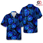 Blue Monstera Palm Leaf Shirt, Vibrant Unisex Resort Wear Summer Vacation