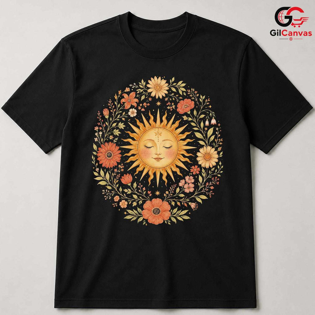 Boho Floral Sun Face T-Shirt Sleeping Summer Solstice Unisex Celestial Nature Tee