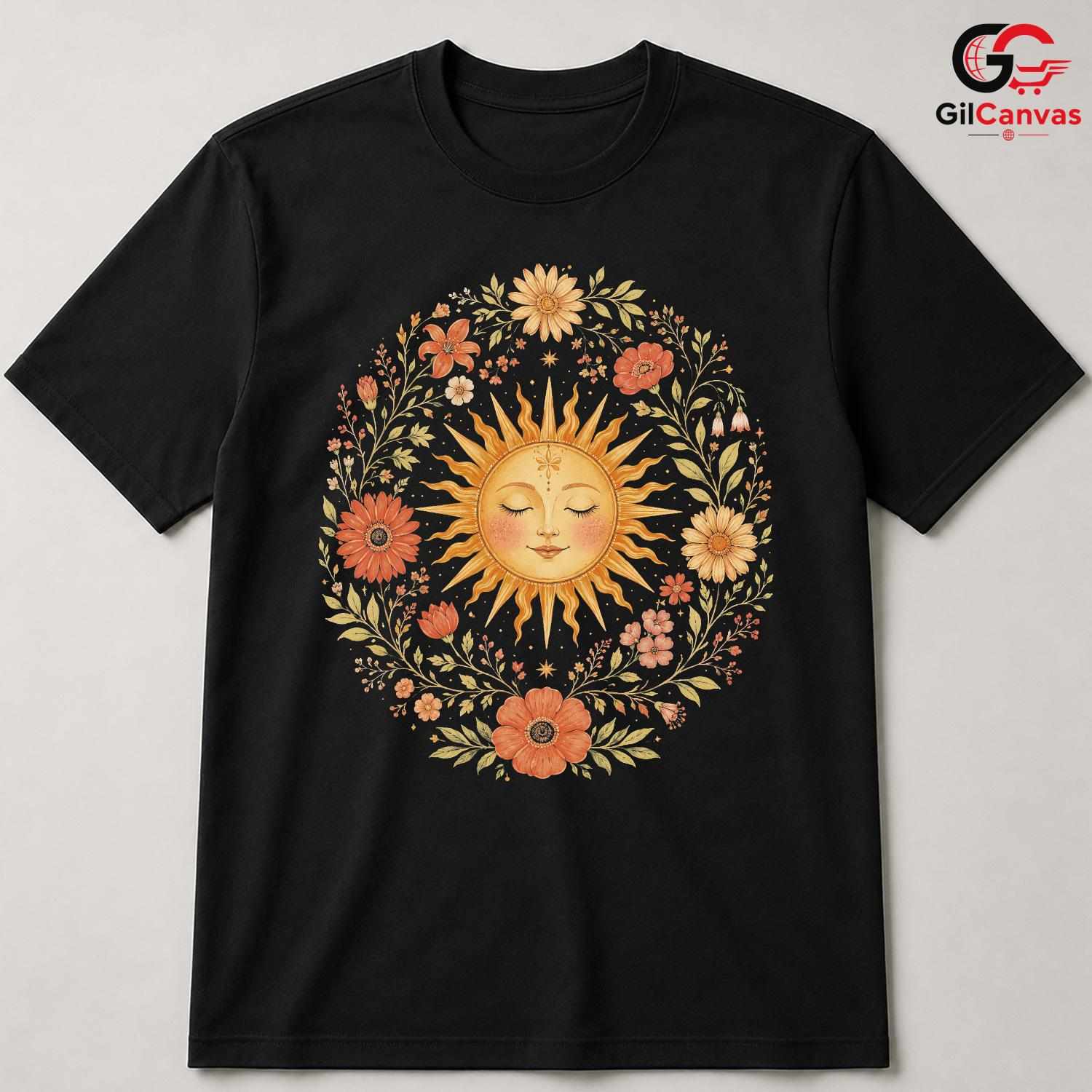 Boho Floral Sun Face T-Shirt Sleeping Summer Solstice Unisex Celestial Nature Tee