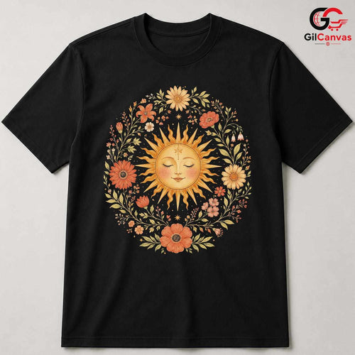 Boho Floral Sun Face T-Shirt Sleeping Summer Solstice Unisex Celestial Nature Tee