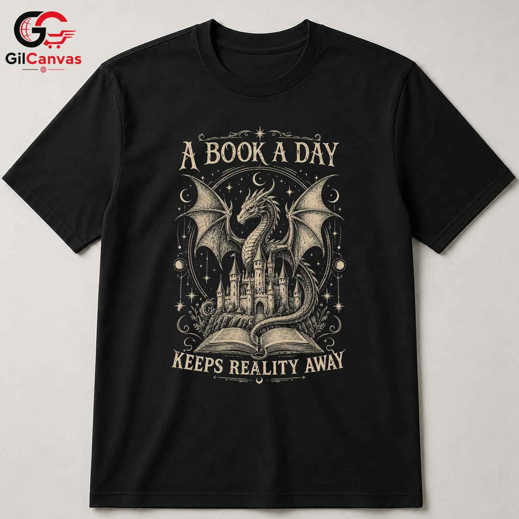 Book A Day Dragon T-Shirt Fantasy Themed Lover Graphic Novelty Unisex Apparel