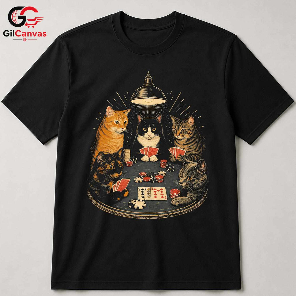 Cats Playing Poker T-Shirt Unisex Humorous Animal Lover Card Graphic Apparel