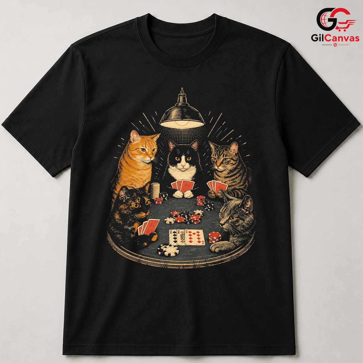 Cats Playing Poker T-Shirt Unisex Humorous Animal Lover Card Graphic Apparel