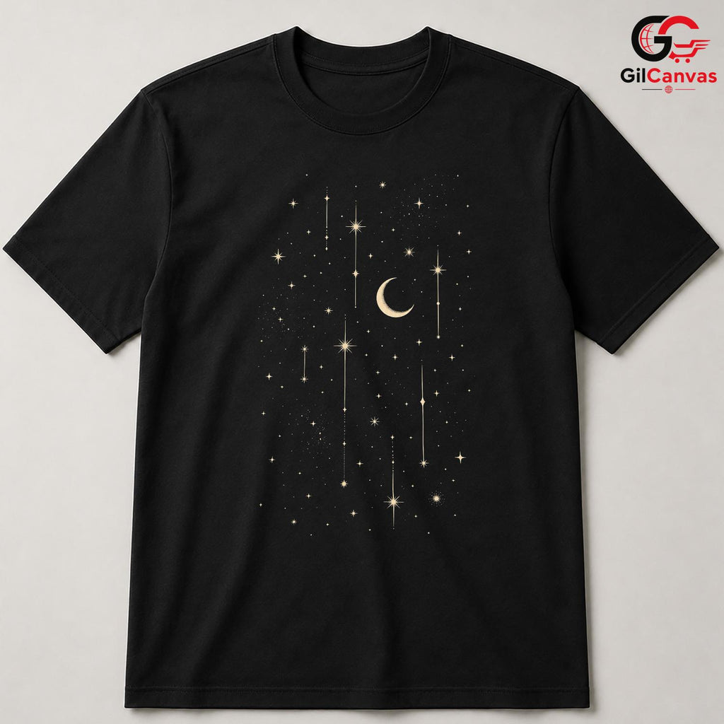 Celestial Night Sky T-Shirt Crescent Moon Stars Unisex Mystical Galaxy Gift Tee