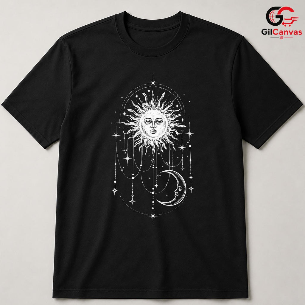 Celestial Sun Moon Stars T-Shirt Bohemian Witchy Art Unisex Graphic Apparel Tee