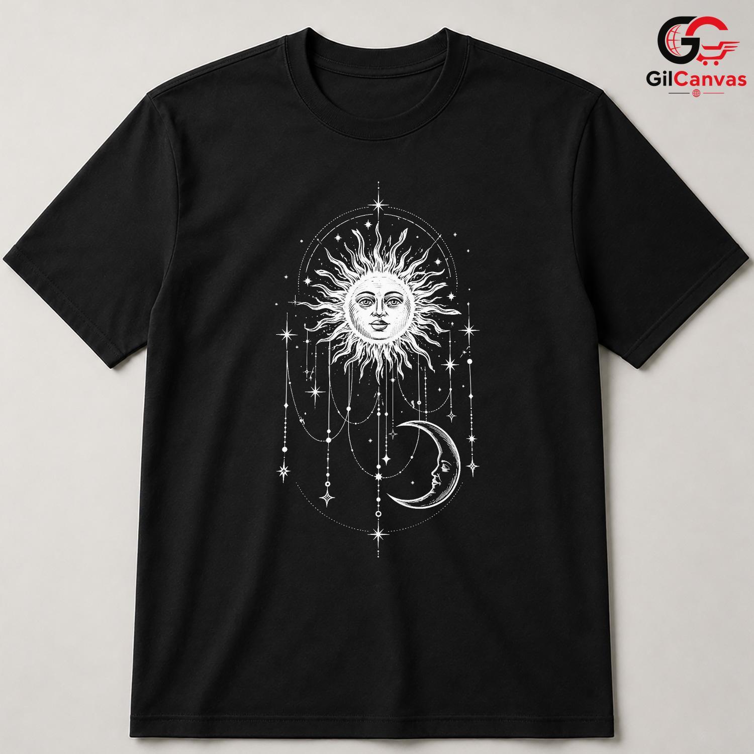 Celestial Sun Moon Stars T-Shirt Bohemian Witchy Art Unisex Graphic Apparel Tee