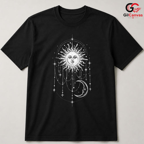 Celestial Sun Moon Stars T-Shirt Bohemian Witchy Art Unisex Graphic Apparel Tee