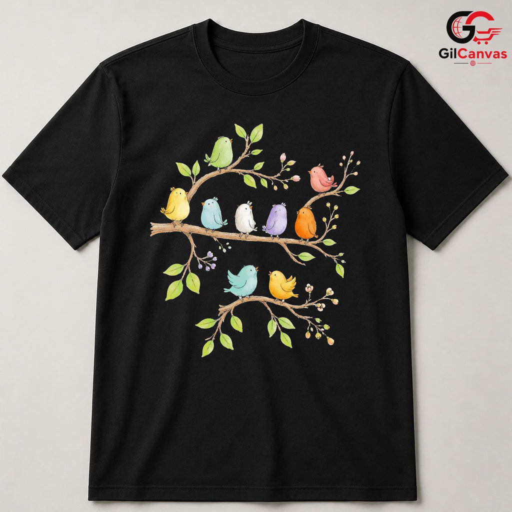 Colorful Bird Floral Tee Shirt Spring Event Cute Nature Unisex Graphic Tee