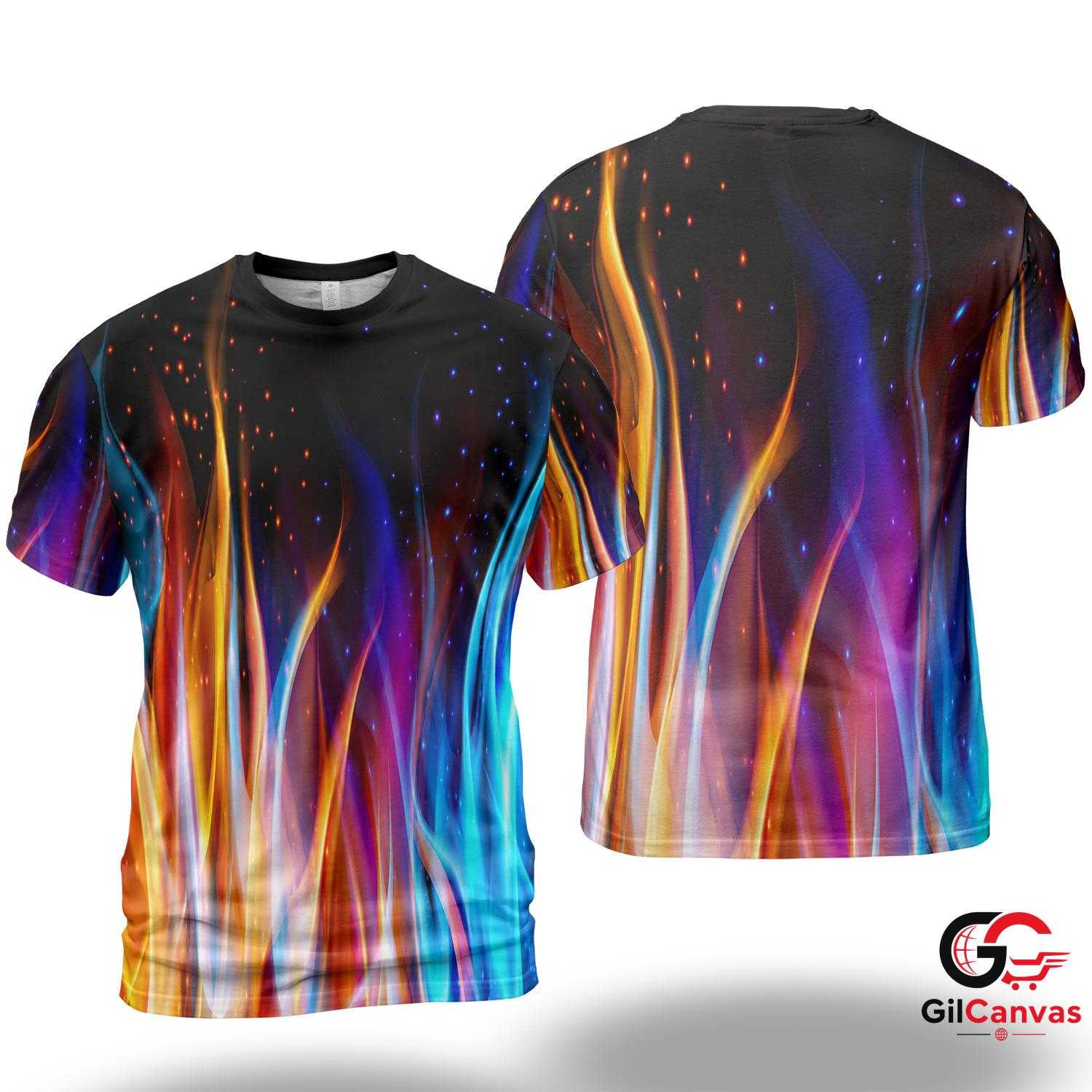 Colorful Flames 3D T-Shirt, Cool Unisex Fire Graphic Tee Gift For Festivals