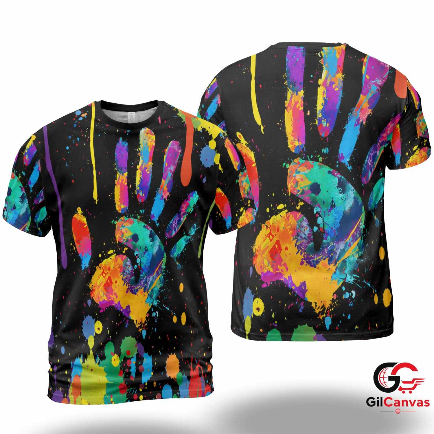 Colorful Handprint 3D T-Shirt, Vibrant Unisex Art Festival Graphic Tee Gift