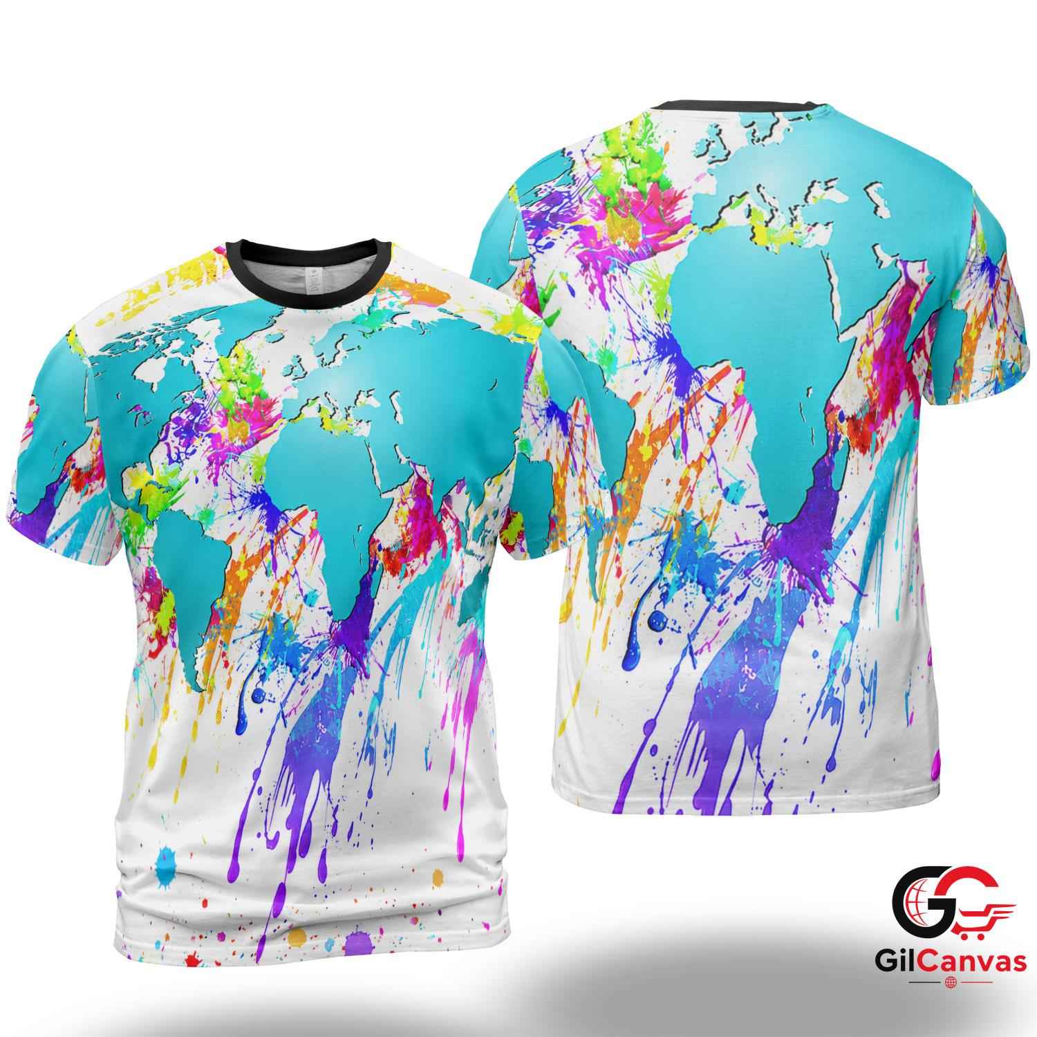 Colorful Map 3D T-Shirt, Unisex World Travel Graphic Tee Gift For Explorers