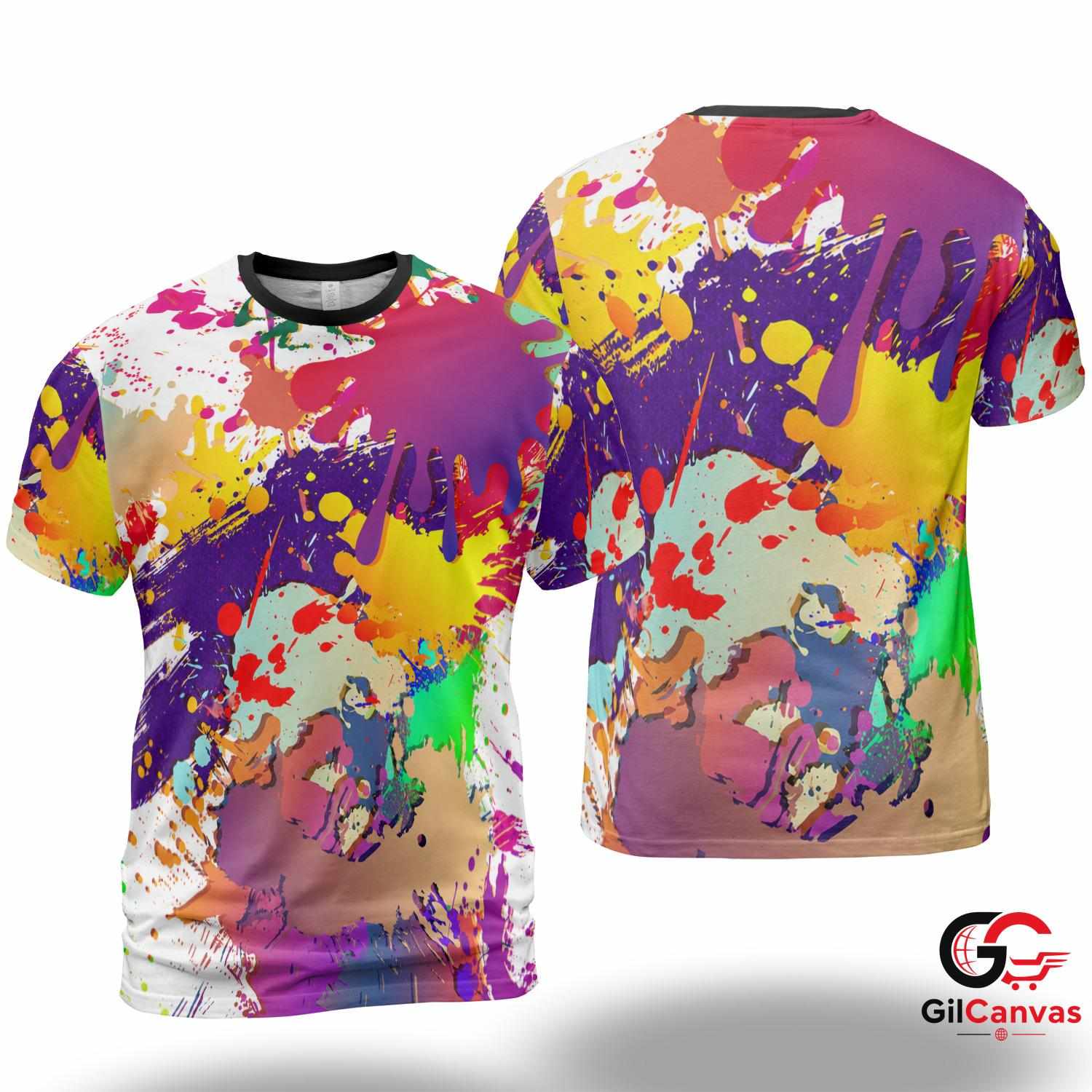 Colorful Paint Splash 3D T-Shirt, Trendy Unisex Artistic Graphic Tee For Party Wear