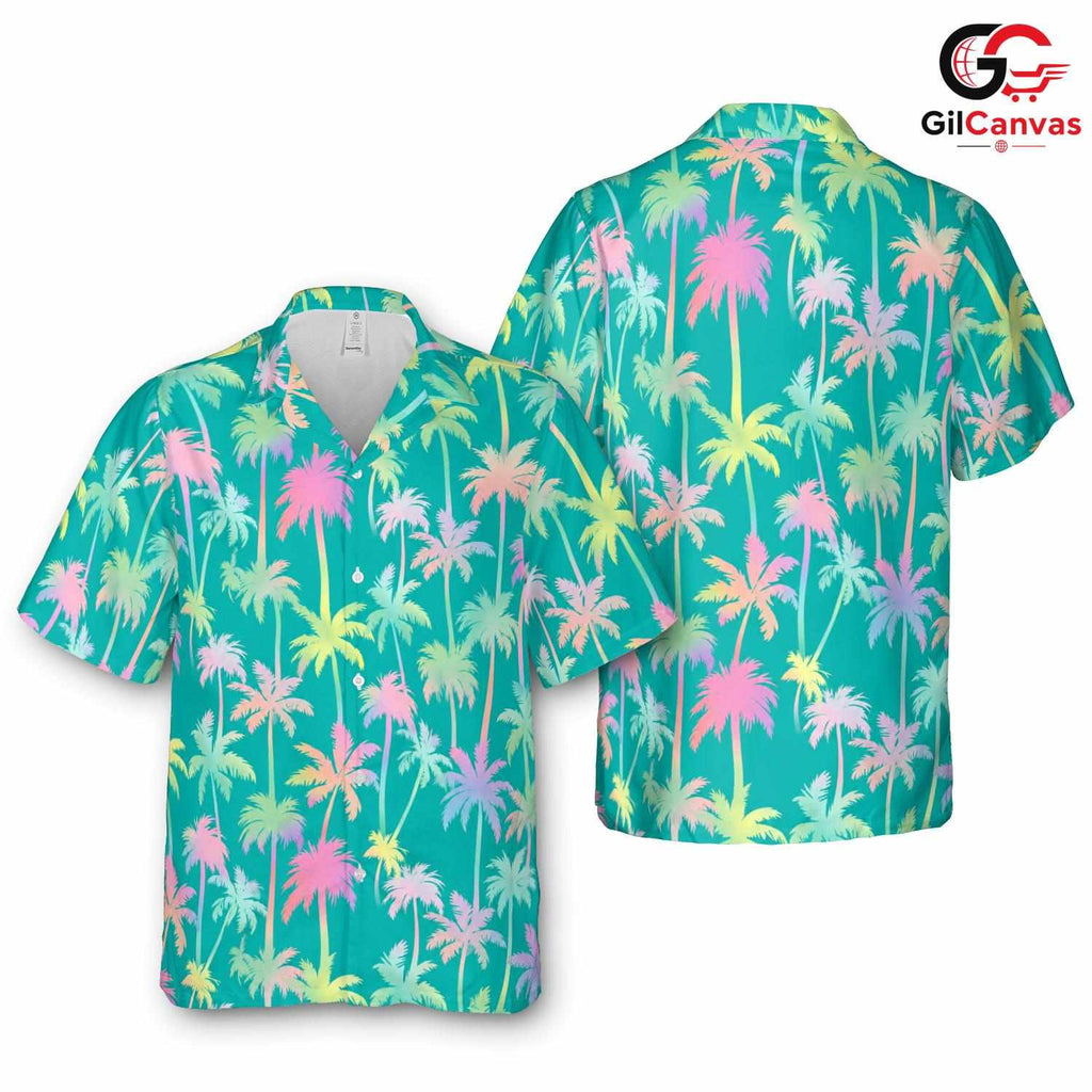Colorful Palm Tree Shirt Men, Tropical Style Beach Wear Summer Vacations