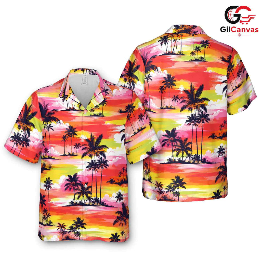 Colorful Palm Tree Sunset Tee, Mens Tropical Aloha Style Summer Beach Vacation