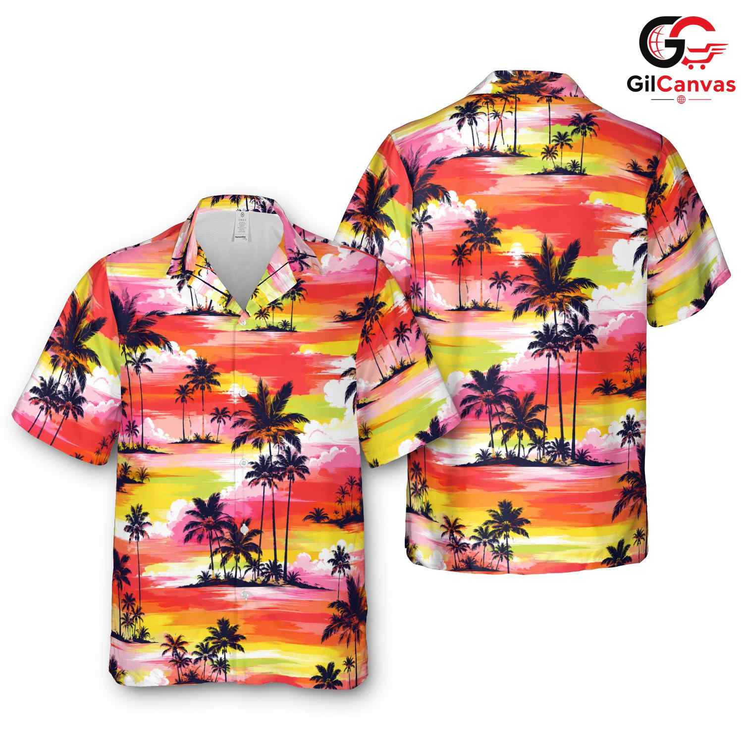 Colorful Palm Tree Sunset Tee, Mens Tropical Aloha Style Summer Beach Vacation