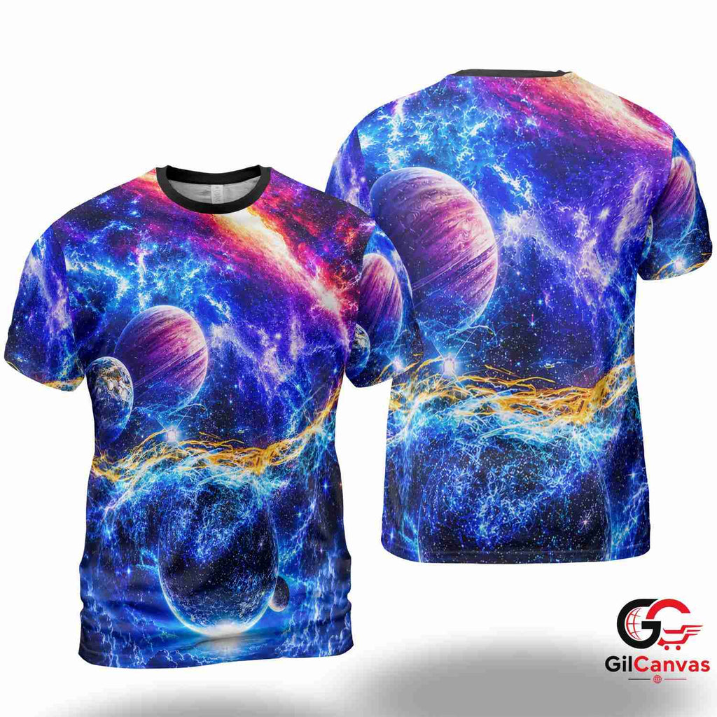 Cosmic Planets Art 3D T-Shirt, Vibrant Unisex Space Graphic Tee For Astronomy