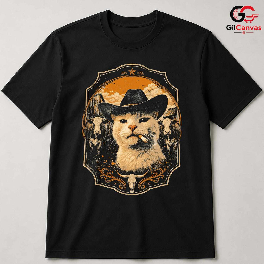 Country Funny Cat T-Shirt Unisex Animal Lover Theme Feline Graphic Casual Apparel