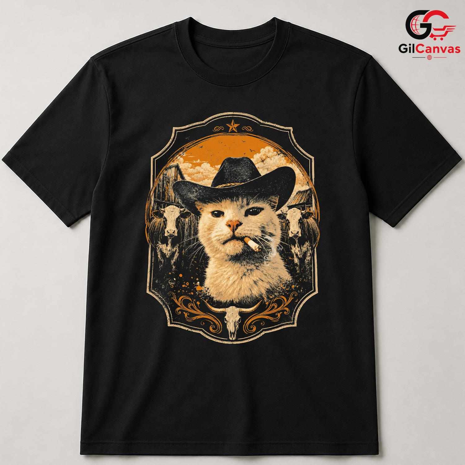 Country Funny Cat T-Shirt Unisex Animal Lover Theme Feline Graphic Casual Apparel