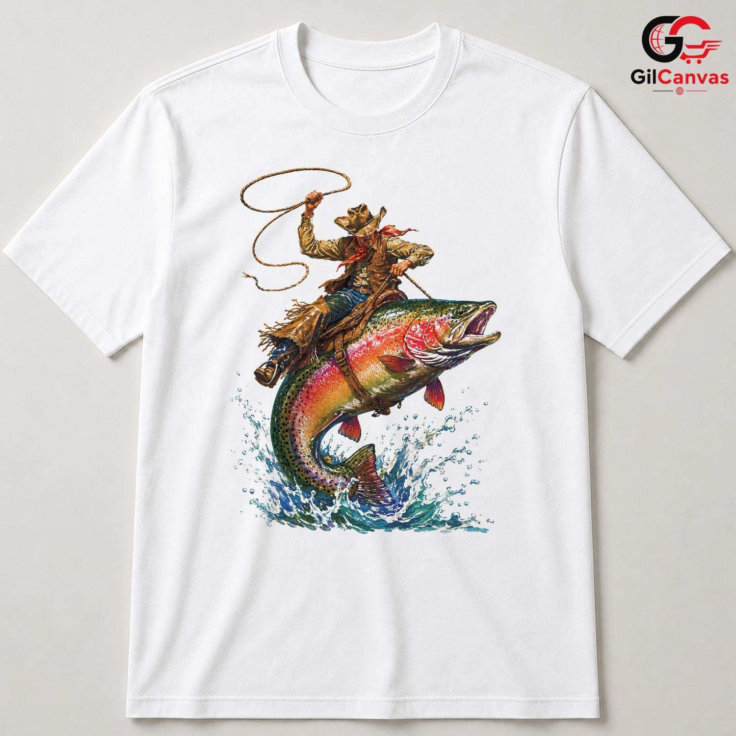 Cowboy Riding Fish Tee Shirt Outdoor Fishing Adventure Unisex Graphic Apparel
