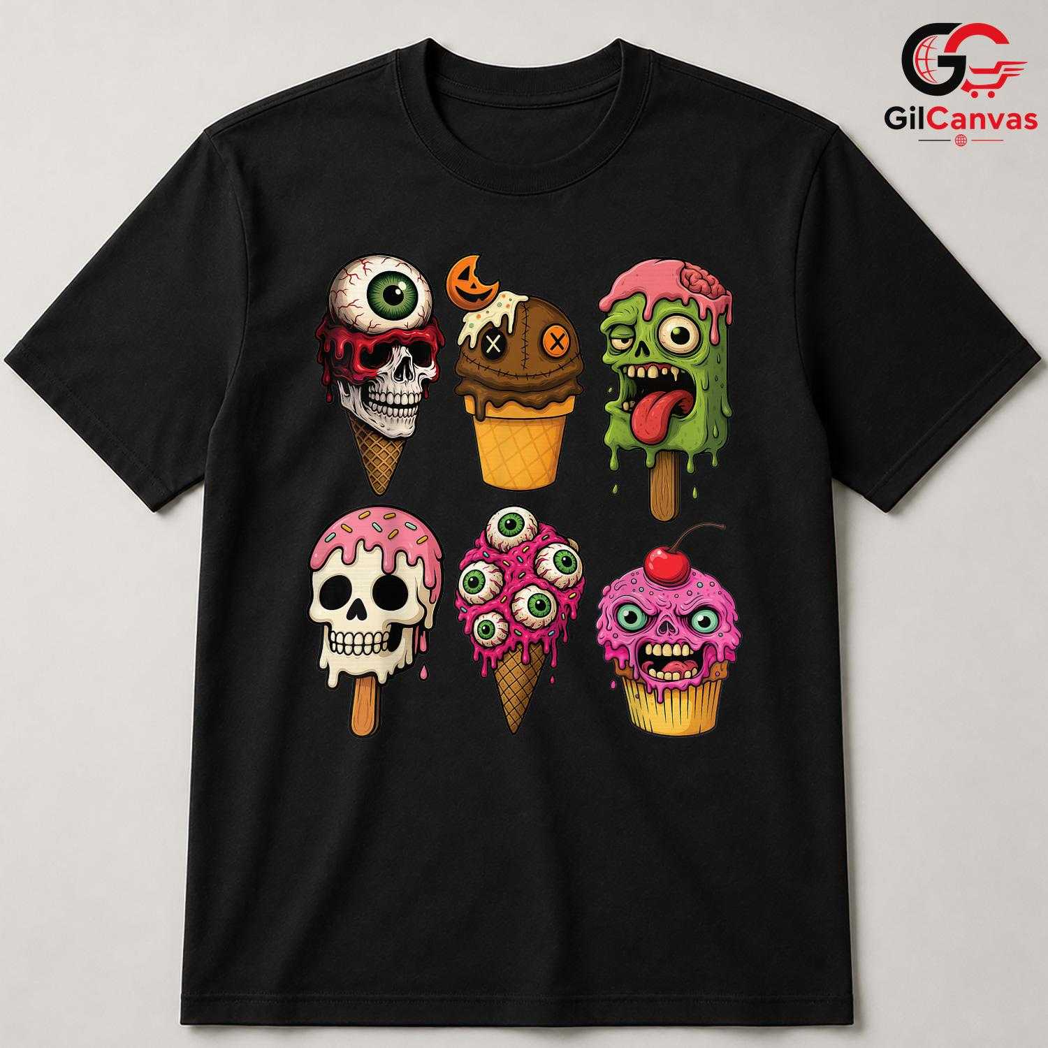 Creepy Ice Cream Skull T-Shirt Unisex Cool Halloween Party Gift Teens Adults